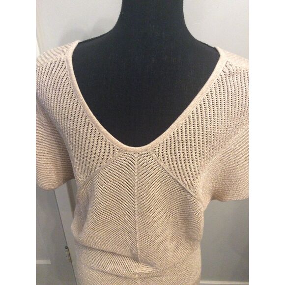 Express Medium M Gold Metallic Short Sleeve Holiday Sweater Career - Picture 4 of 5